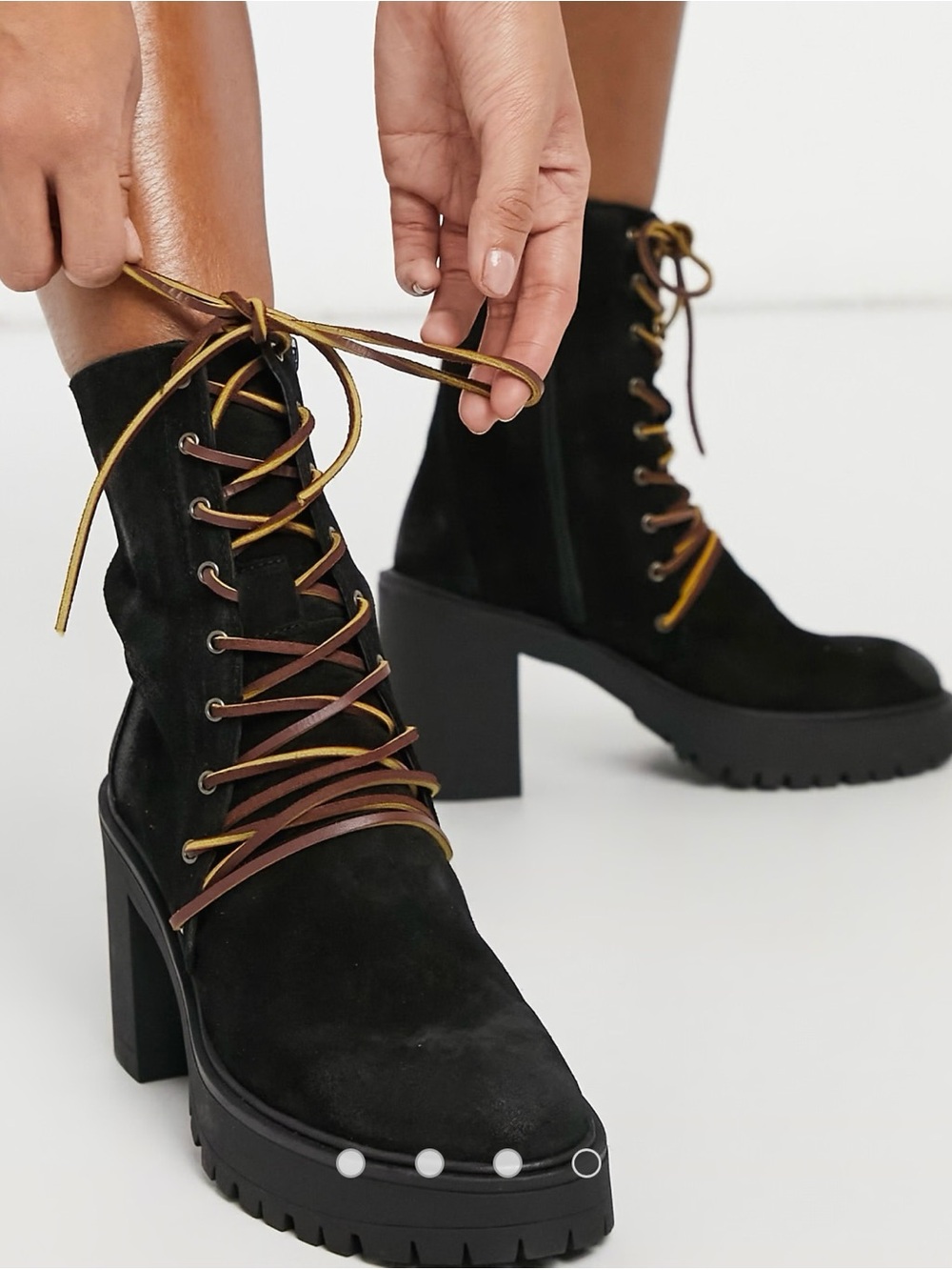 Free People Black Suede Lace-Up Chunky Heel Ankle Boots with Brown Laces
